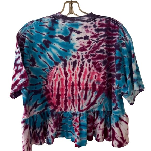 Sold 🎈 Ruffled Cropped Jockey Tie Dye Tee Shirt L Blue Purple Upcycled Rebuilt - Picture 2 of 5